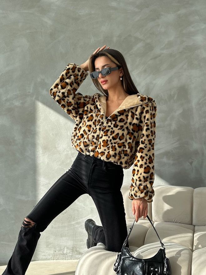 Topshow Leopard Look Plush Coat Dark Stone & Brown Wholesale Clothing 2