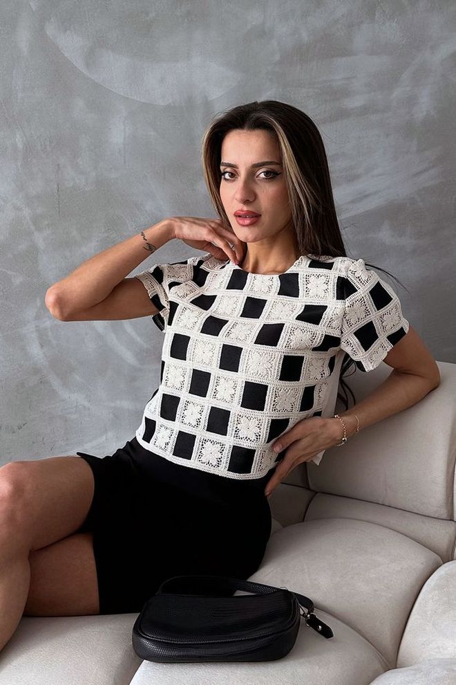 Topshow Bluza S Šahovskim Uzorkom Kratkih Rukava Crno bijela Veleprodaja odjeće Ležerni