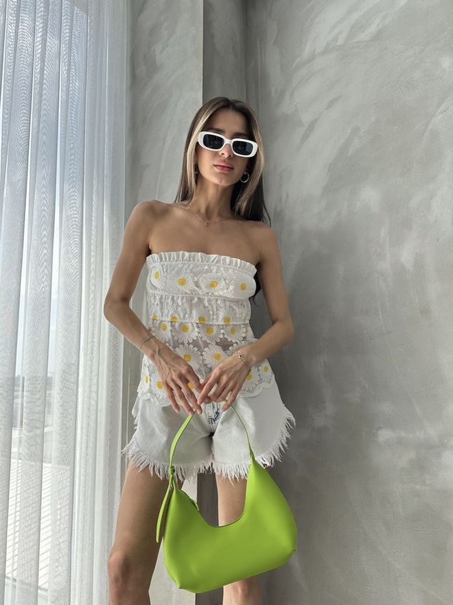 Topshow Daisy Patterned Bustier Cream Wholesale Clothing Cotton