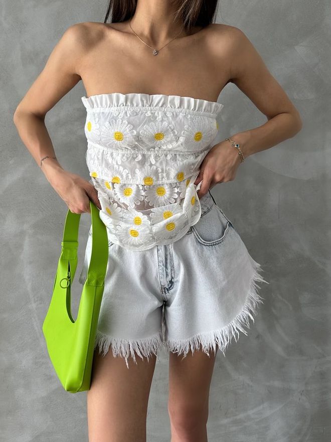 Topshow Daisy Patterned Bustier Cream Wholesale Clothing Spring