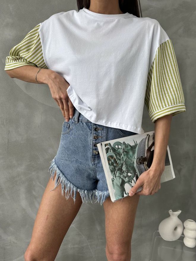 Topshow T shirt Con Maniche In Popeline A Righe Verde Pistacchio Abbigliamento all'ingrosso Estate