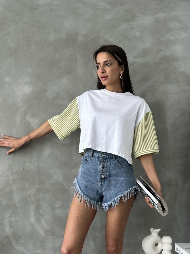 Topshow T shirt Con Maniche In Popeline A Righe Verde Pistacchio Abbigliamento all'ingrosso Compleanno