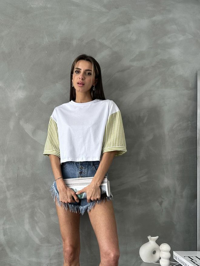 Topshow T shirt Con Maniche In Popeline A Righe Verde Pistacchio Abbigliamento all'ingrosso Poliestere