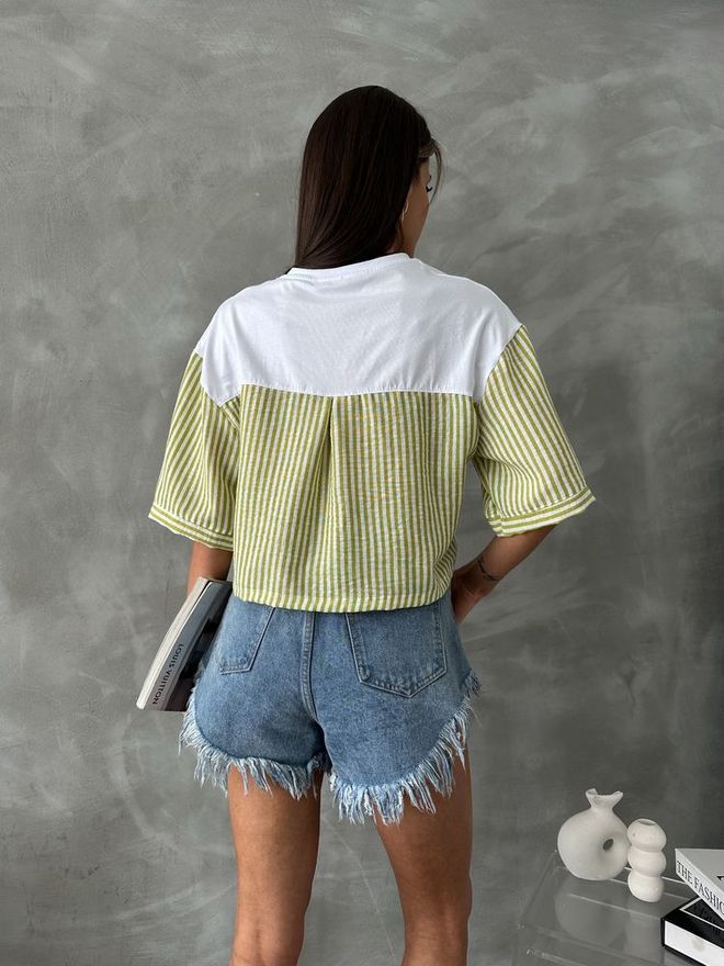 Topshow T shirt Con Maniche In Popeline A Righe Verde Pistacchio Abbigliamento all'ingrosso 4