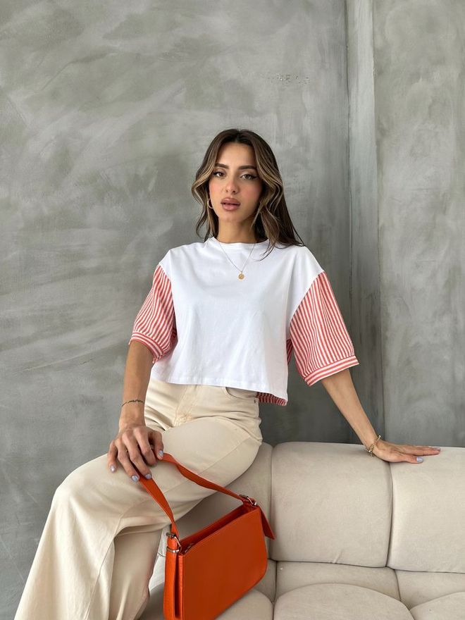 Topshow T shirt Con Maniche In Popeline A Righe Arancioni Abbigliamento all'ingrosso Poliestere