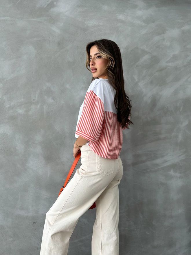 Topshow T shirt Con Maniche In Popeline A Righe Arancioni Abbigliamento all'ingrosso Compleanno