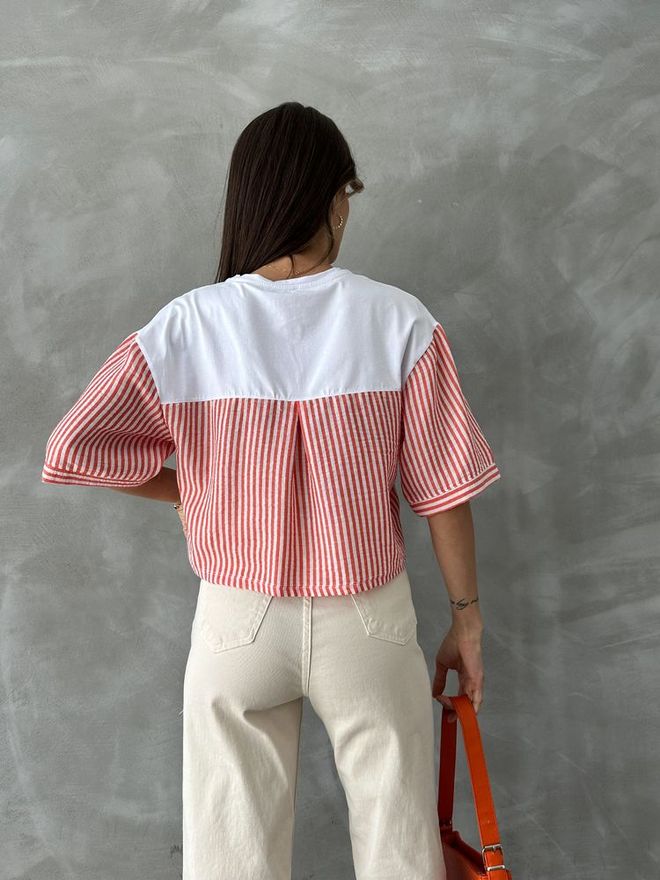 Topshow T shirt Con Maniche In Popeline A Righe Arancioni Abbigliamento all'ingrosso 4