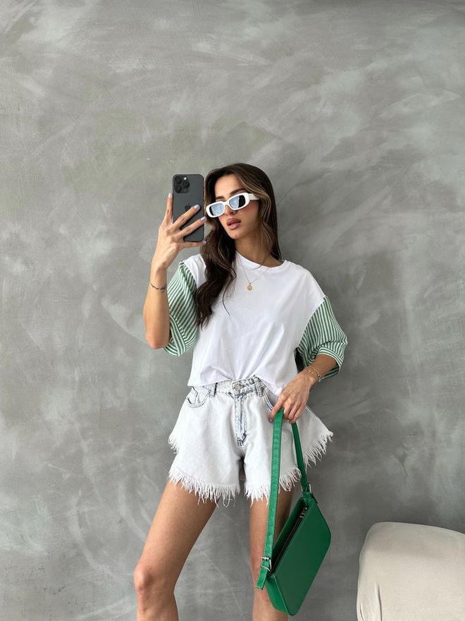 Topshow Camiseta Con Mangas De Popelina A Rayas Esmeralda Ropa al por mayor 4