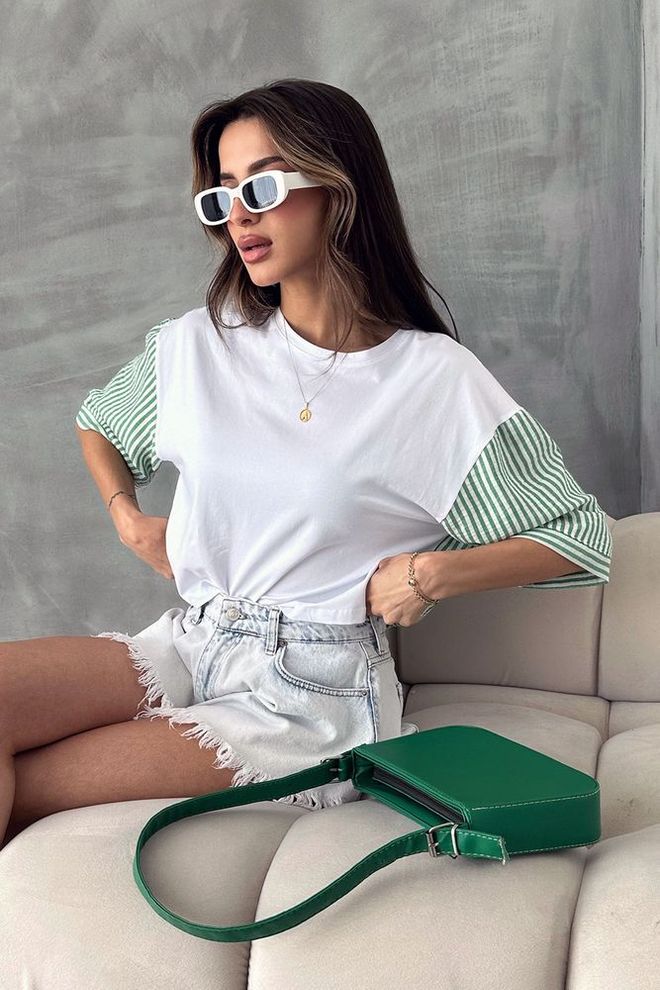 Topshow T shirt Con Maniche In Popeline A Righe Color Smeraldo Abbigliamento all'ingrosso Casuale