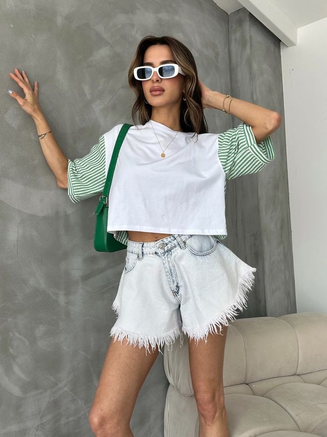 Topshow Camiseta Con Mangas De Popelina A Rayas Esmeralda Ropa al por mayor Poliéster