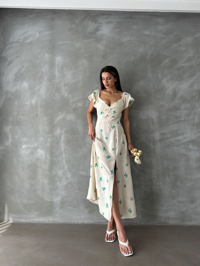 Topshow Ruffled Sleeve Tie Dress Ecru & Emerald Wholesale Clothing Cotton