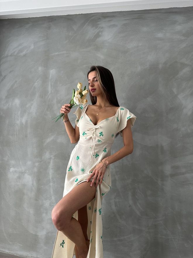 Topshow Ruffled Sleeve Tie Dress Ecru & Emerald Wholesale Clothing Birthday