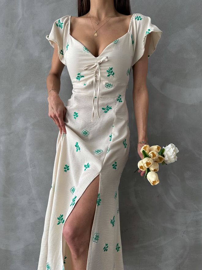 Topshow Ruffled Sleeve Tie Dress Ecru & Emerald Wholesale Clothing Summer