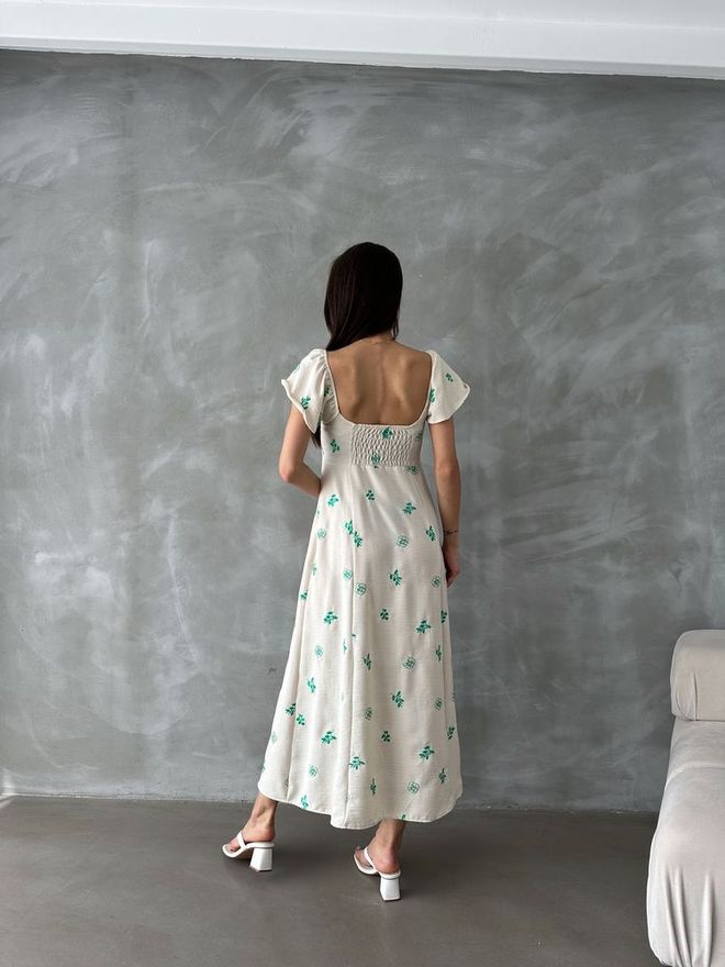 Topshow Ruffled Sleeve Tie Dress Ecru & Emerald Wholesale Clothing 4