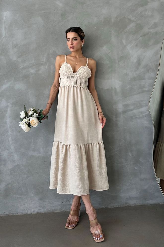 Topshow Strappy V Neck Full Length Dress Cream Wholesale Clothing Beach