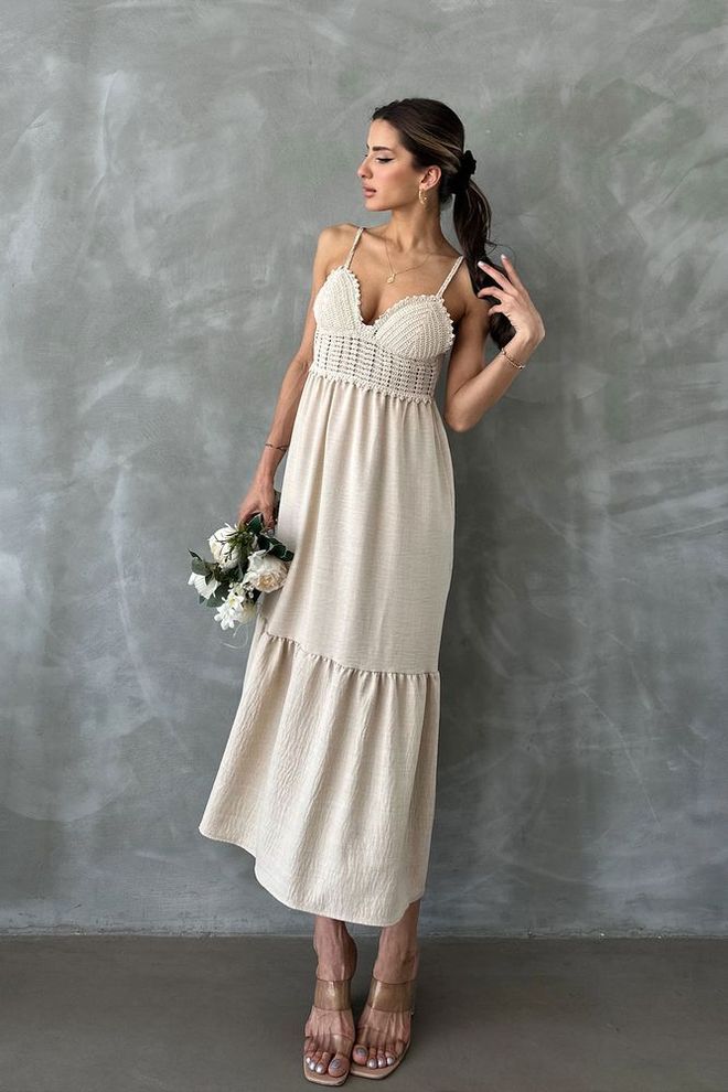 Topshow Strappy V Neck Full Length Dress Cream Wholesale Clothing Cotton