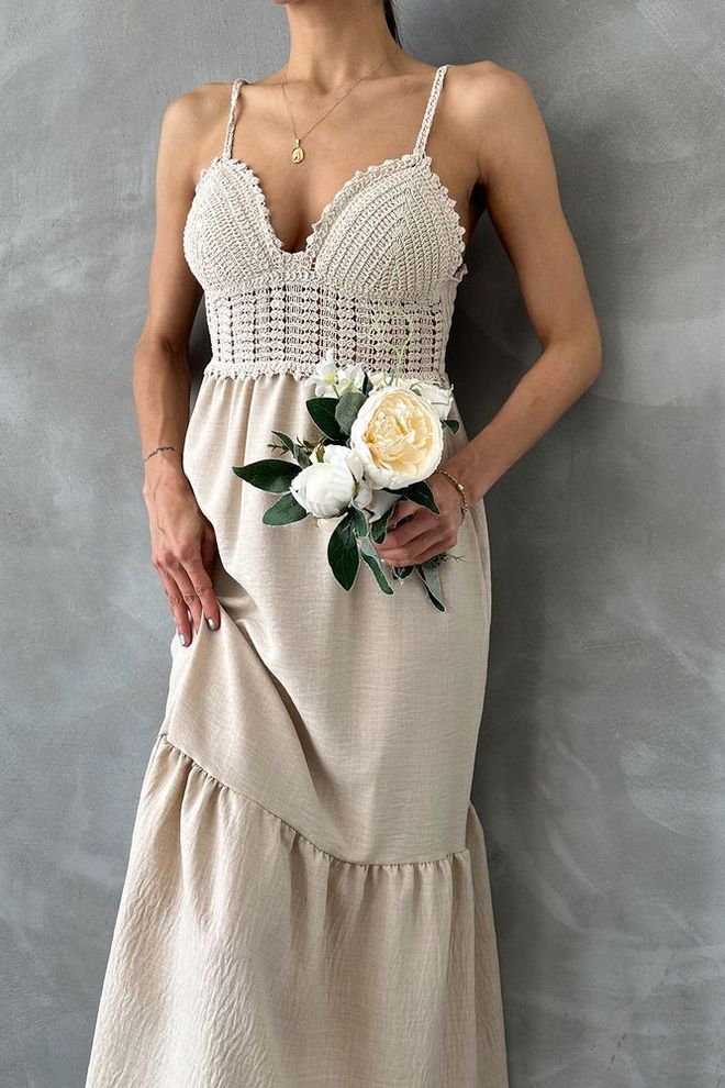 Topshow Strappy V Neck Full Length Dress Cream Wholesale Clothing Summer