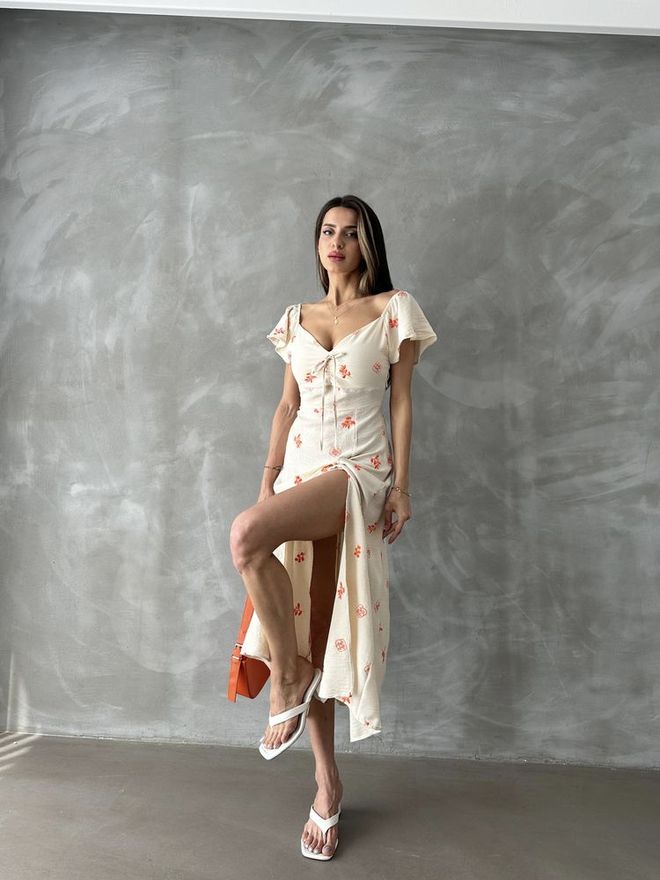 Topshow Ruffled Sleeve Tie Dress Ecru & Orange Wholesale Clothing Birthday