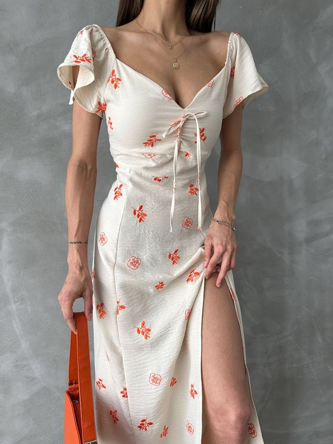 Topshow Ruffled Sleeve Tie Dress Ecru & Orange Wholesale Clothing Summer