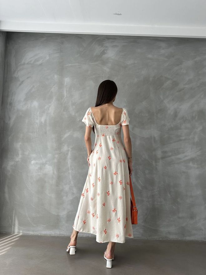 Topshow Ruffled Sleeve Tie Dress Ecru & Orange Wholesale Clothing 4