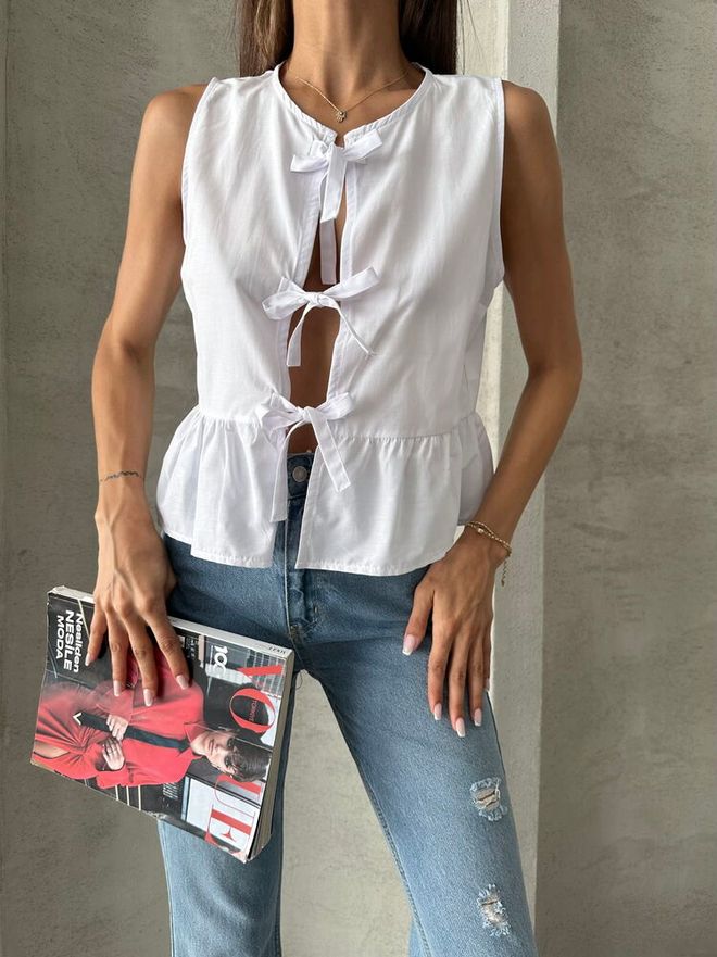 Topshow Front Tie Blouse White Wholesale Clothing Spring