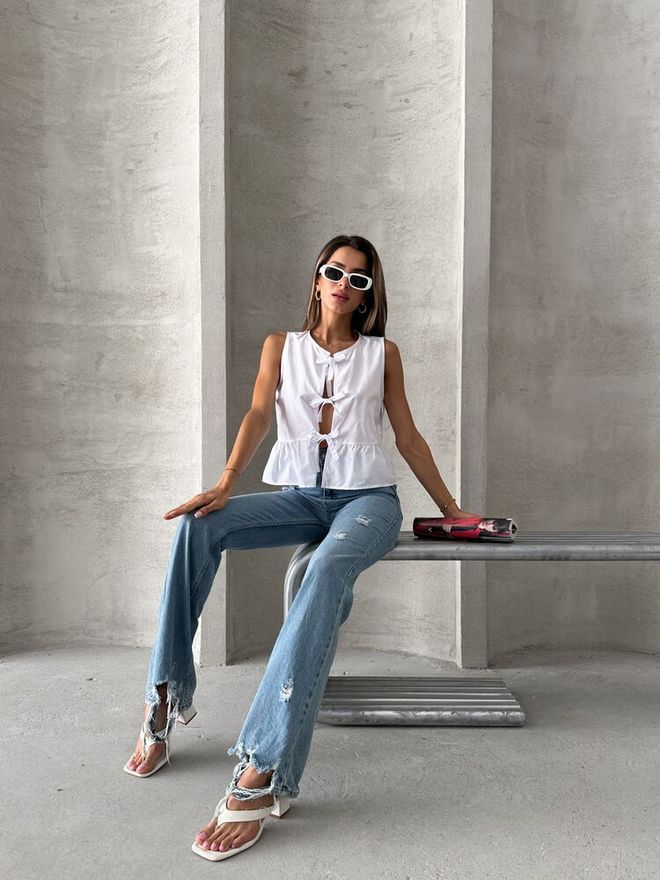 Topshow Front Tie Blouse White Wholesale Clothing Cotton