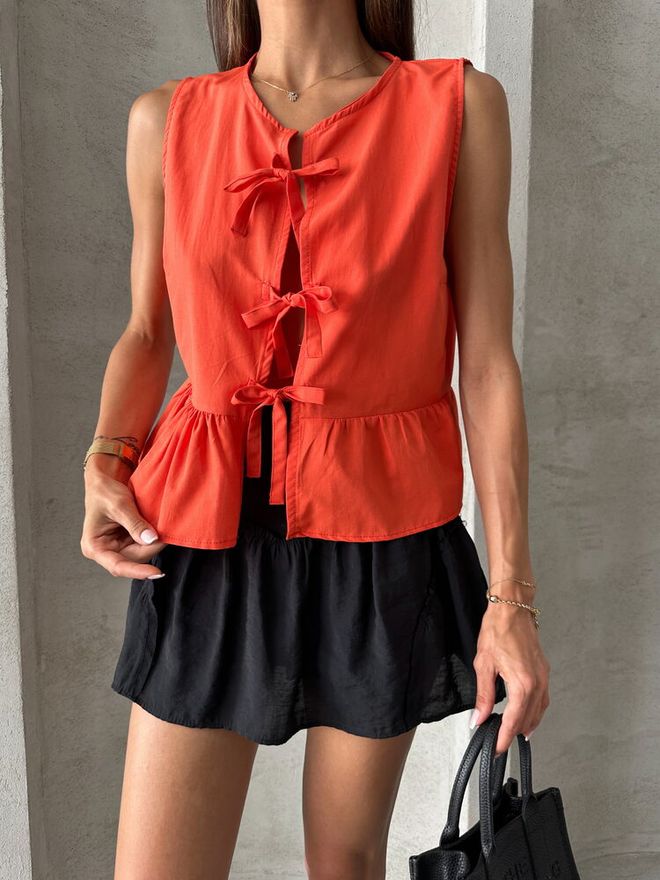 Topshow Front Tie Blouse Orange Wholesale Clothing Spring