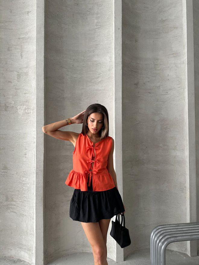 Topshow Front Tie Blouse Orange Wholesale Clothing Cotton