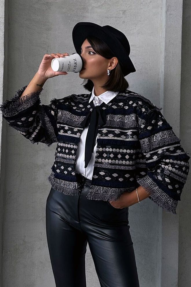 Topshow Embroidered Tie Cardigan Black Wholesale Clothing Casual