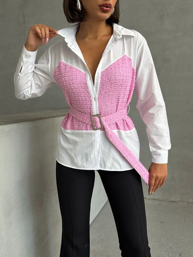 Topshow قميص بحزام من الدنيم مزين بالترتر وردي ملابس بالجملة رَسمِيّ