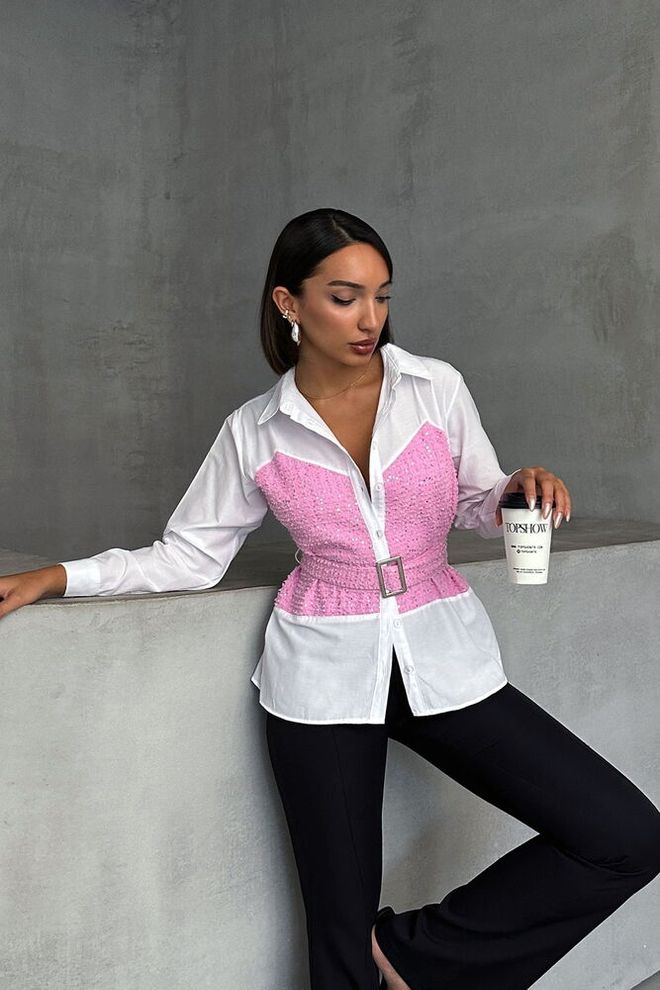 Topshow قميص بحزام من الدنيم مزين بالترتر وردي ملابس بالجملة غير رسمي