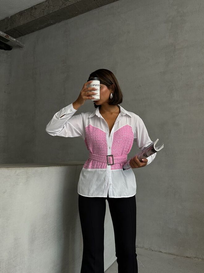 Topshow قميص بحزام من الدنيم مزين بالترتر وردي ملابس بالجملة عيد ميلاد