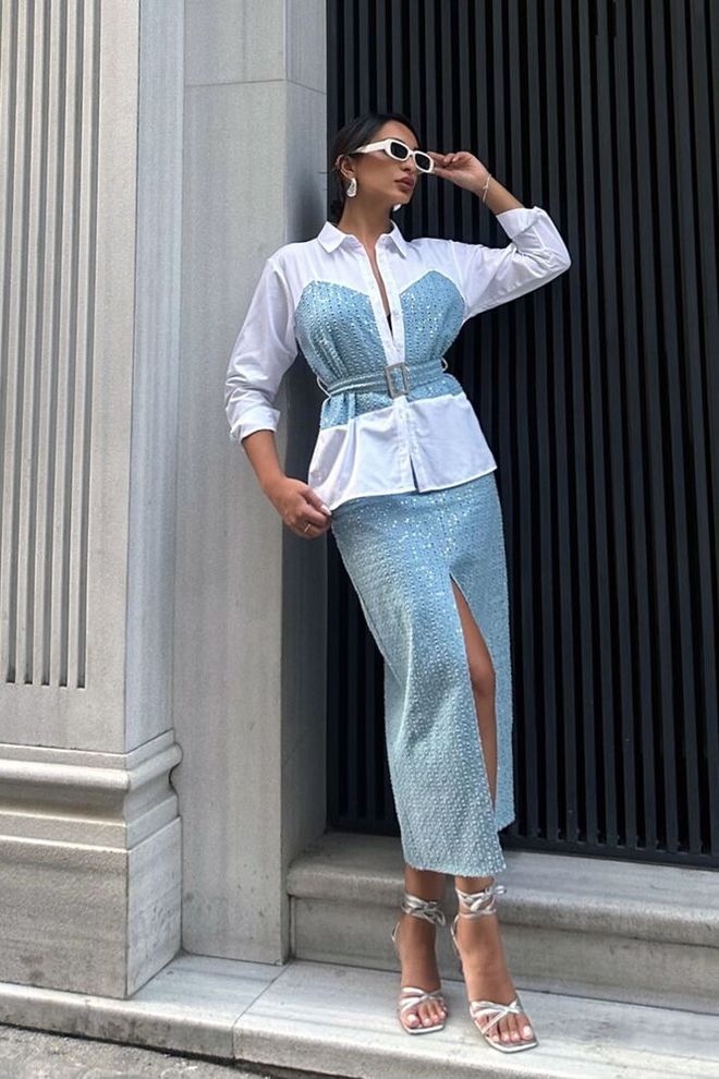 Topshow Denim Hemd Mit Gürtel Und Pailletten – Blau Großhandelskleidung Lässig