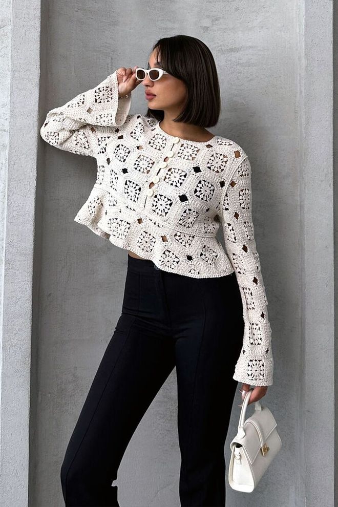 Topshow Half Button Lace Cardigan Ecru Wholesale Clothing Casual