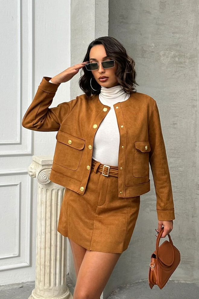 Topshow Veste En Gros En Daim Beige Avec Poches Vêtements en gros Décontracté