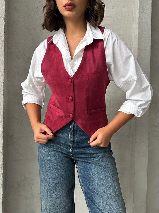 Topshow Suede Vest Claret Red Wholesale Clothing Winter