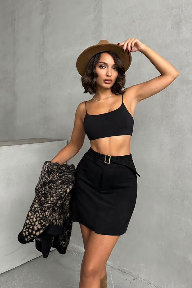 Topshow Kemer Detaylı Etek Siyah Toptan Giyim Zarif