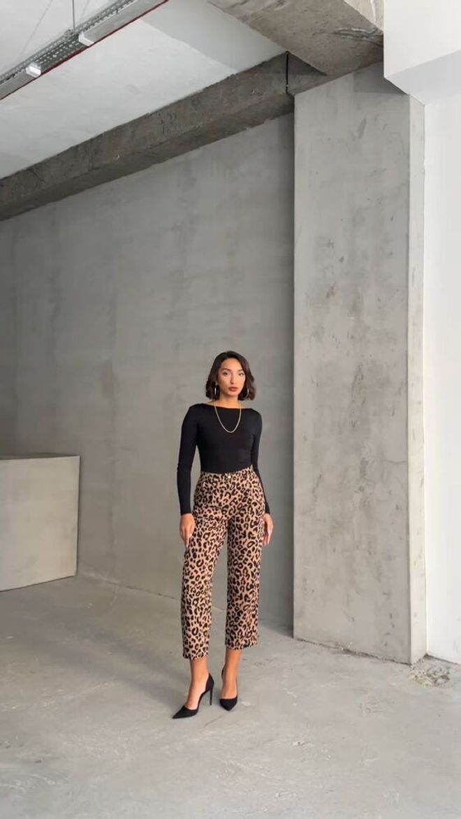 Topshow Pantalon À Motifs Léopard Noir Vison F1788 Vêtements en gros Polyester