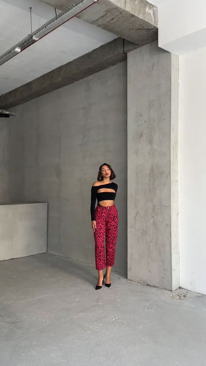 Topshow Fujiya Zwarte F1788 Broek Met Luipaardpatroon Groothandel Kleding Polyester