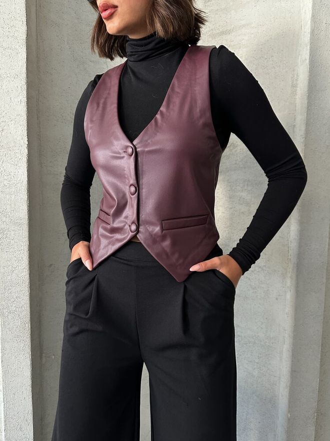 Topshow Buttoned Leather Vest Claret Red Wholesale Clothing Winter