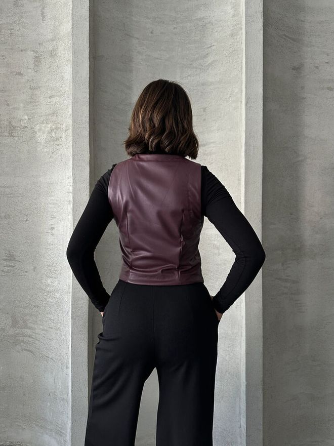 Topshow Buttoned Leather Vest Claret Red Wholesale Clothing 4