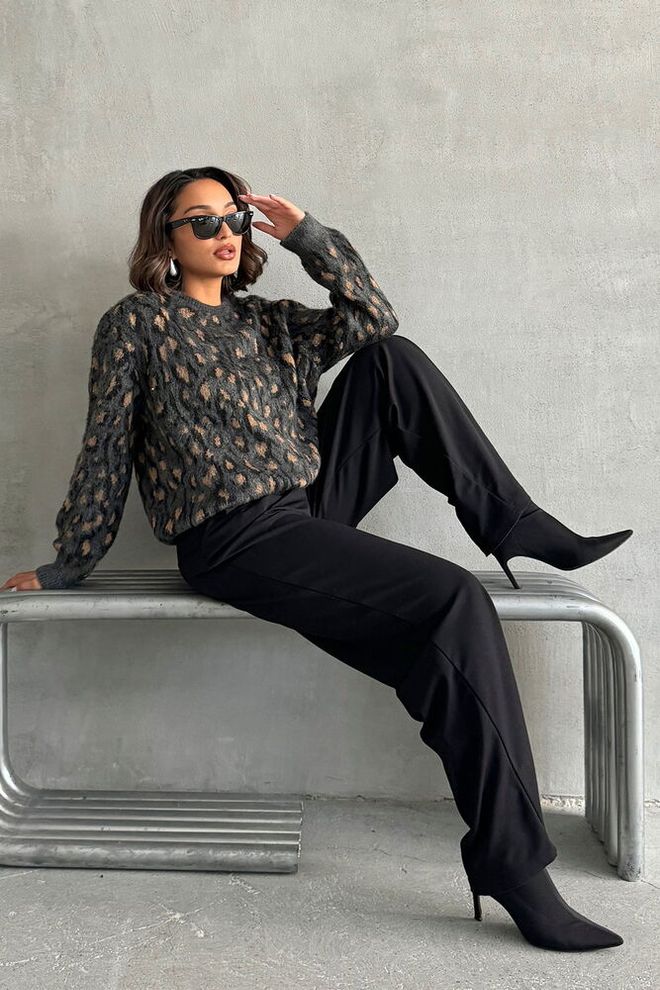 Topshow Luipaard Gebreide Trui Grijs Groothandel Kleding Casual