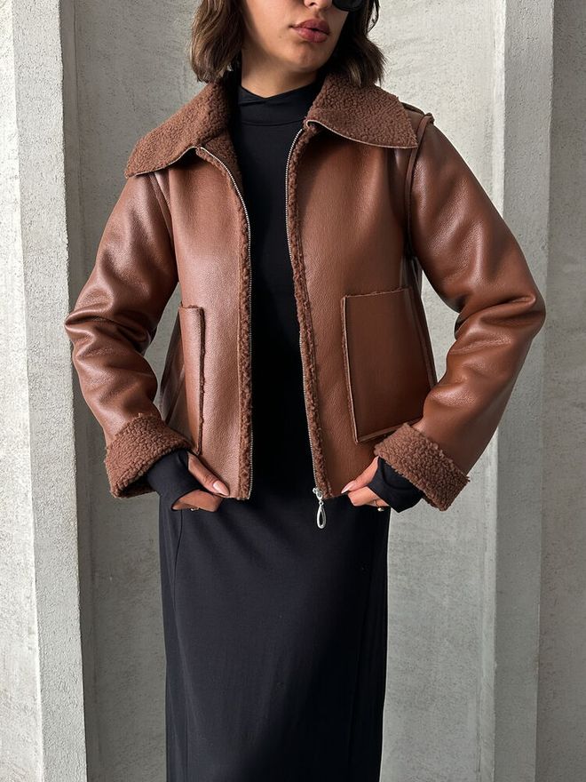 Topshow Tan Laminated Leather Zippered Coat Wholesale Clothing Fall