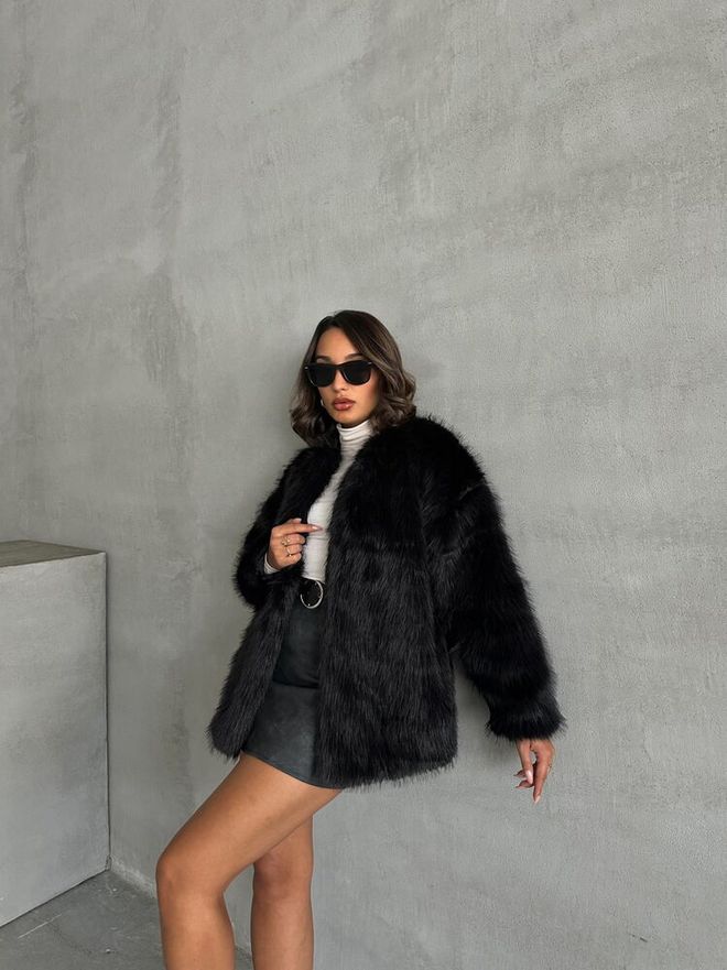 Topshow Abrigo De Felpa Negro Ropa al por mayor Poliéster