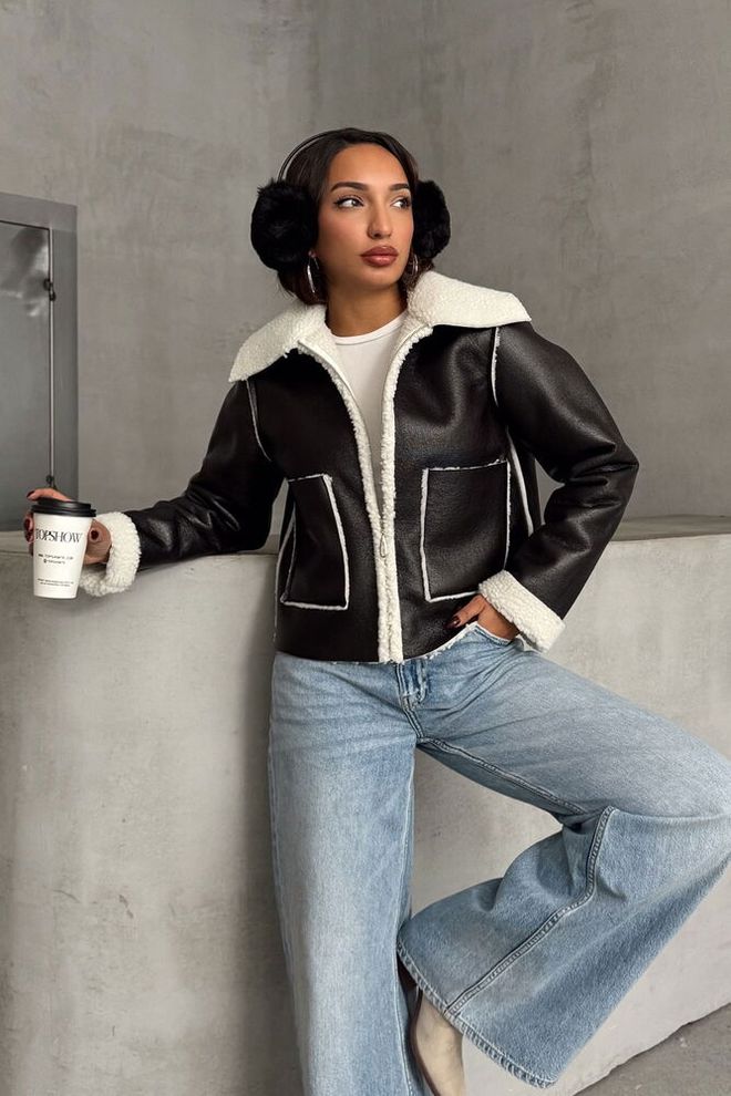 Topshow Black Cream Laminated Leather Zippered Coat Wholesale Clothing Casual