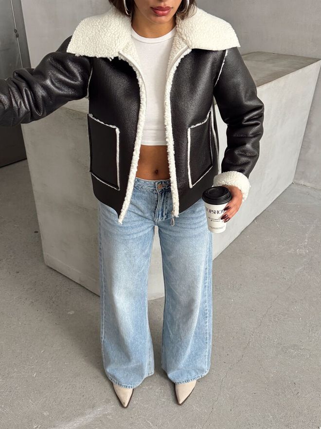 Topshow Black Cream Laminated Leather Zippered Coat Wholesale Clothing Fall