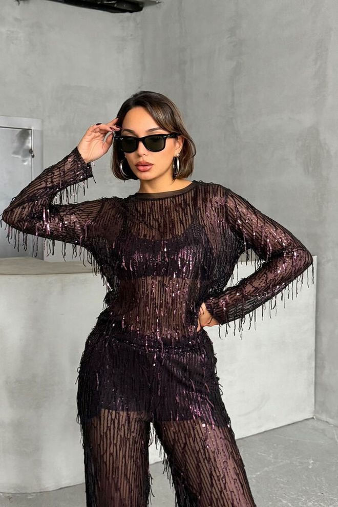 Topshow بلوزة باللون الأسود العنابي الترتر ملابس بالجملة بريق