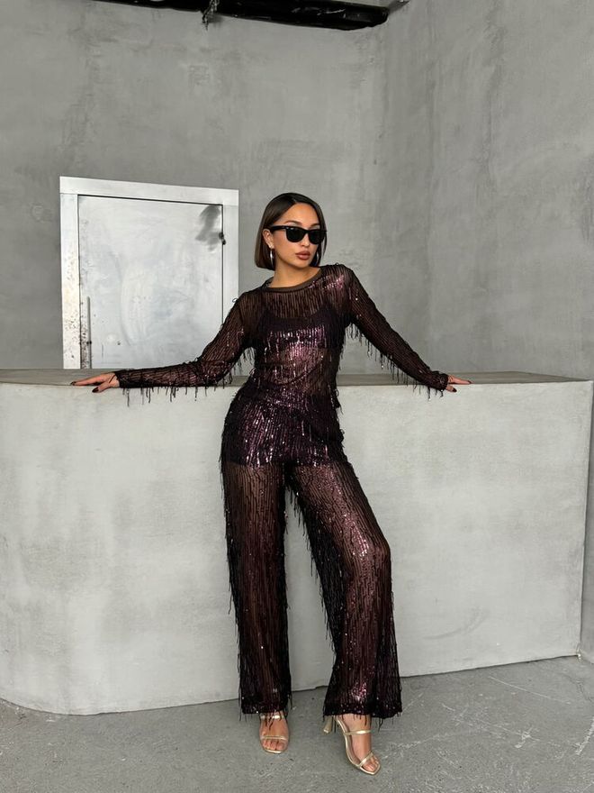 Topshow بلوزة باللون الأسود العنابي الترتر ملابس بالجملة حزب