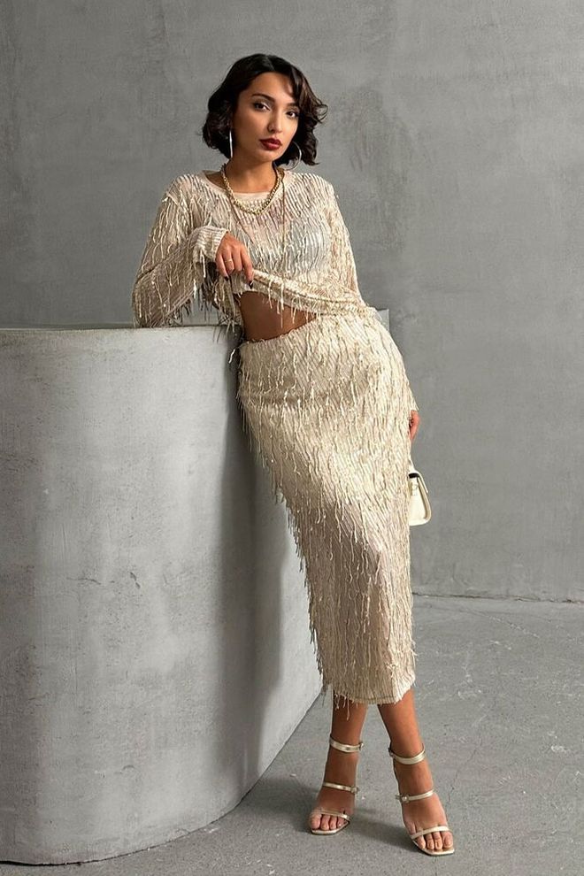 Topshow Stone Silver Feather Sequin Skirt Wholesale Clothing Glam