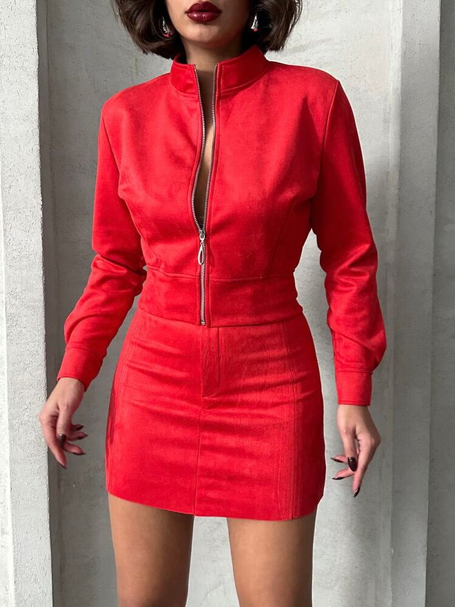 Topshow معطف أحمر بسحاب ملابس بالجملة الخريف